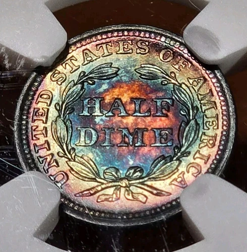 1842 NGC MS66 Seated Liberty Half Dime Monster Color - Incredibly Toned Coin!