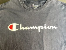 Champion Men’s Big C Logo T Shirt Large Patch Spell Out Navy Blue Size XL