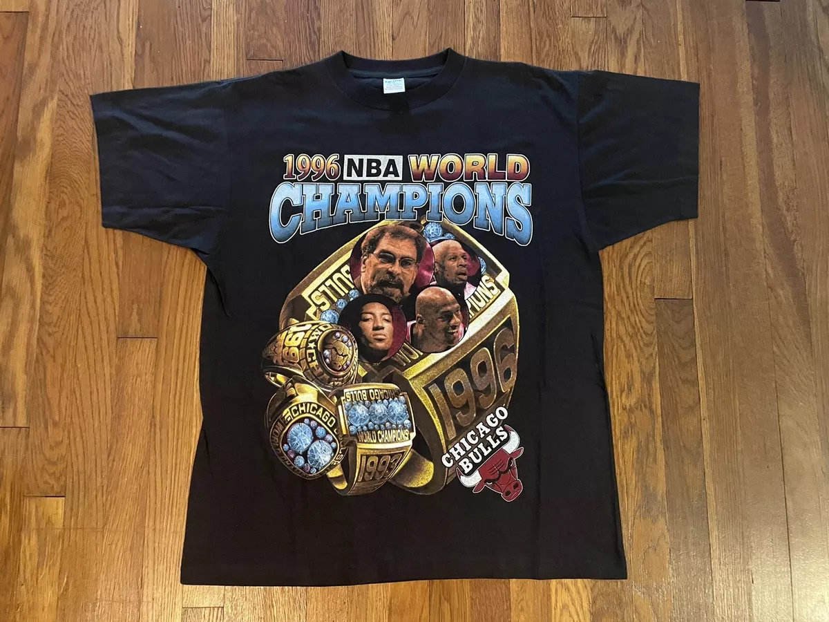 Vintage 1996 NBA World Champions Chicago Bulls T-Shirt XL Bay Club Rap Jordan