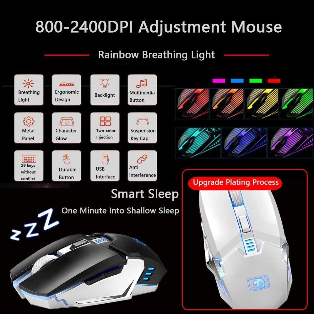 Combo Tastiera E Mouse Gaming Wireless LED Retroilluminato, Ricaricabile USB, Bianco/Azzurro