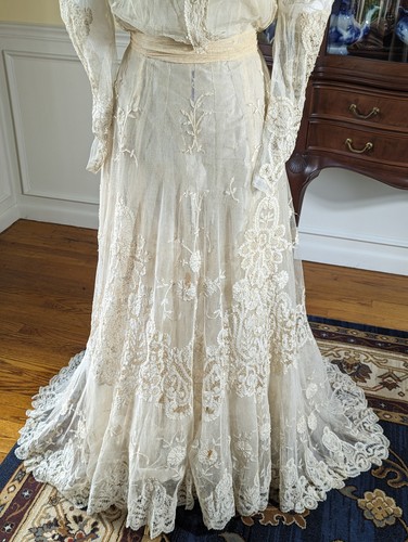 Exquisites antikes ca 1900 viktorianisches edwardianisches Prinzessin Spitzen Brautkleid Kleid - Bild 7 von 23