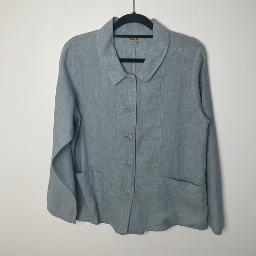 FLAX Pure Linen Jacket Blazer Small Blue Pockets Collar Button Up Lagenlook Boho