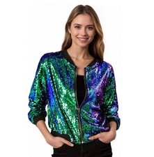 Agnes Orinda 4X Plus Women Green Blue-Purple Mermaid Sequins Lined Bomber Jacket