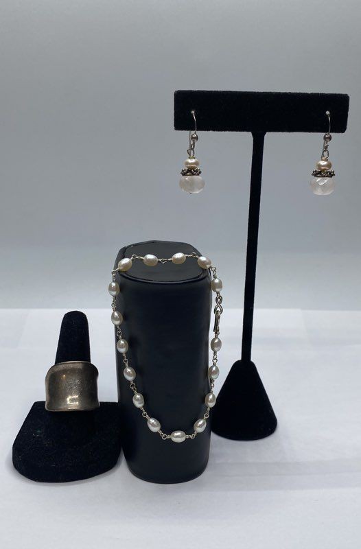 Sterling Silver Pearl & Quartz Assorted Jewelry Bundle 3pcs. 14.39g