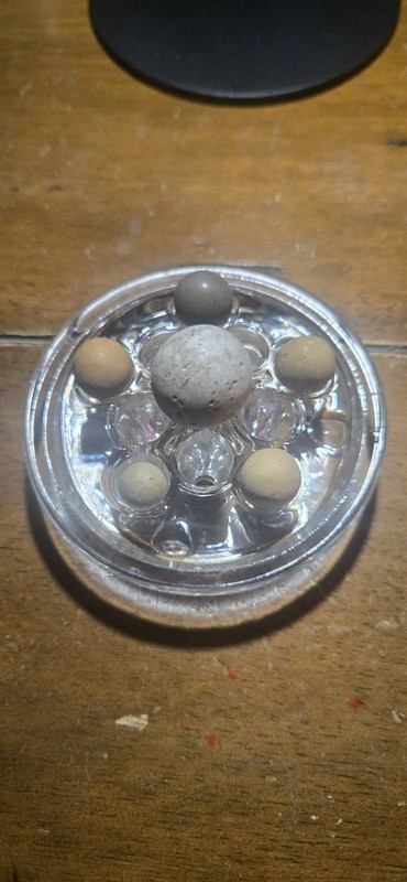 Six German Clay Marbles with 11-hole Flower Frog