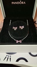 Pandora Pink Sparkling Bow Jewellery Set Necklace Ring Earrings Silver PS1025017