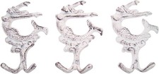 White Distressed Mermaid Nautical Cast Iron Hooks Set of 3