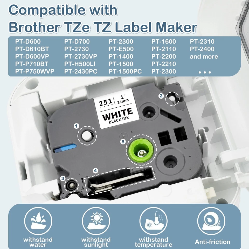 100PK 24mm TZ-251 TZe-251 White 1" Label Tape For Brother P-touch PT-P700 D610BT - Image 3 of 4
