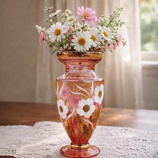 Vintage Bohemian Crystal Cranberry Pink And Gold Floral Vase hand painted