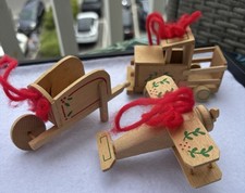 Set Of 3 VTG Christmas Ornaments Wood Pickup Truck Plane Wheelbarrow Handmade