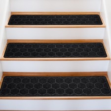 15 PCS Black Hexagon NonSlip Carpet Stair Treads Wooden Steps 8x30 Inch