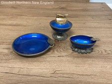 Evans Elegance Hand Enameled Metal Table Lighter Ashtray Set Blue