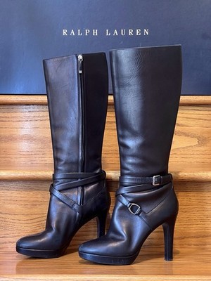 Ralph Lauren Women s Collection Black Leather Tall Boots Size 9
