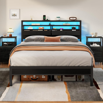 Stylish Queen Bed Frame with Storage, Charging Station & LED Lights - Black Oak