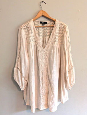 GNW Tunic Blouse 1X Lace Crochet Sheer Boho Peasant Cottagecore Fairy Linen Look