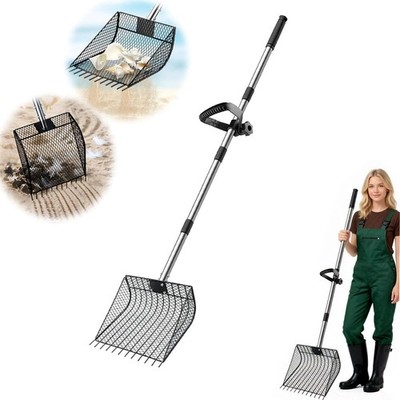 2-in-1 Chicken Poop Scooper Rake Adjustable Stainless Steel Handle 39''-70''
