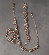 Gold Tone Link Chain Necklace Pink Rhinestone...