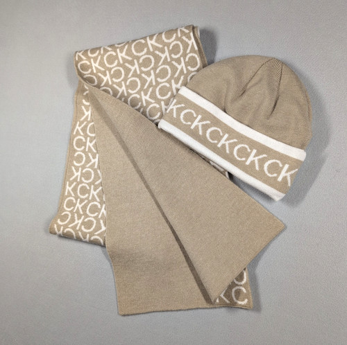 Calvin Klein Beige Hat Scarf Set CK Logo Knit Hat and Scarf Set Classic Preppy