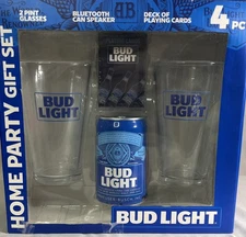 Bud Light Home Party Gift Set Bluetooth Speaker 4pc Pint Glasses & Cards NEW