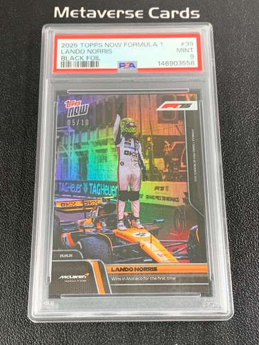 2025 Topps Now Formula 1 F1 Lando Norris #39 Black Foil 05/10 PSA 9 Monaco Win