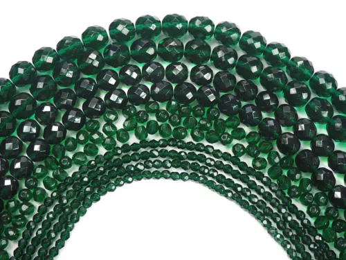Czech Fire Polished Round Faceted Glass Beads in Medium Emerald, 16" green