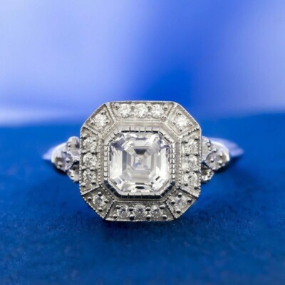 Vintage Art Deco Asscher Cut Engagement Ring Handmade Ring 14K White Gold FNRing
