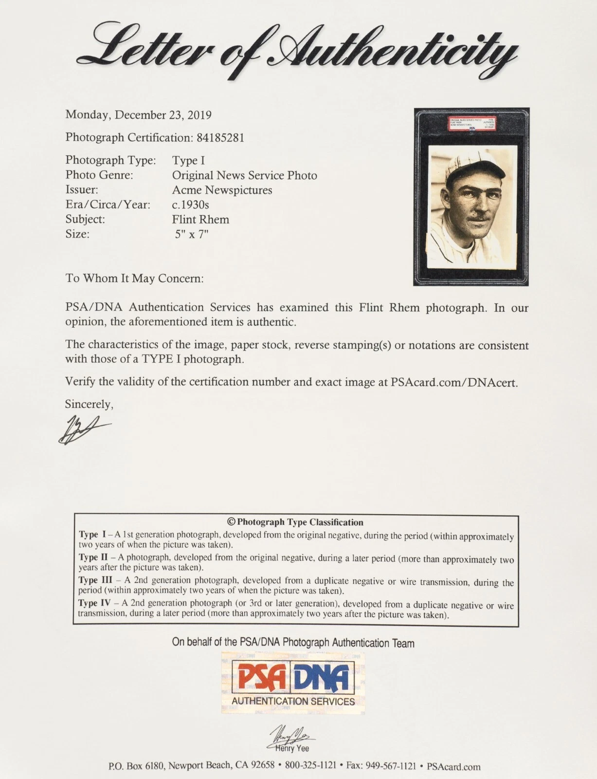 1930 年代頃 Flint Rhem オリジナル ACME 新聞写真-PSA/DNA Type I - 画像3/3