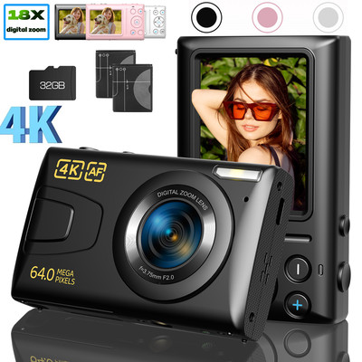Compact Digital Camera 4K 64MP Auto Focus Point and Shoot Video Camera 32GB Gift