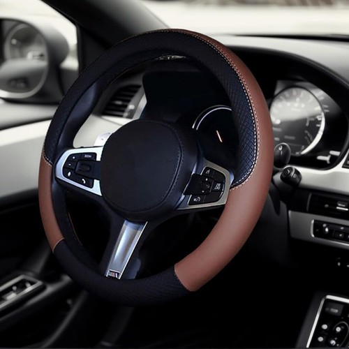 Car Steering Wheel Cover, Leather, Universal 15 Inch Fit, Anti Black&Brown - Picture 2 of 4