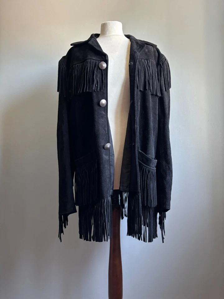 VINTAGE SUEDE FRINGE JACKET 40 42 cowboy leather heavy rock biker REAL tassles - Image 4 of 4