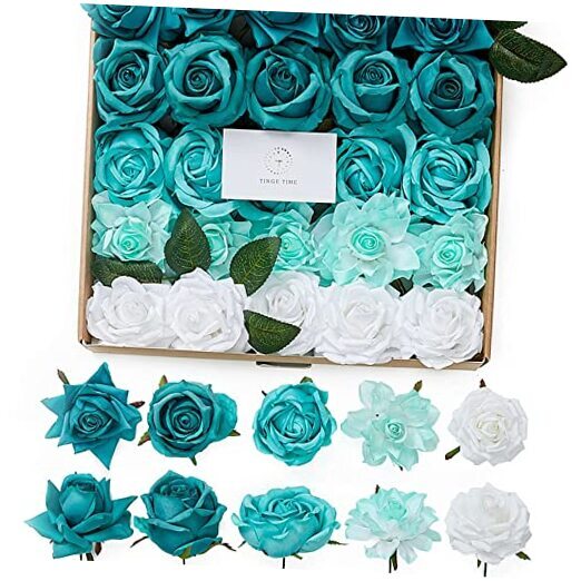 Teal Green Silk Artificial Flowers, Fake Rose Flowers 25pcs with Stem