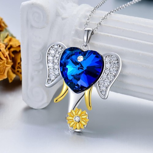 925 Sterling Silver Blue Crystal CZ Elephant Necklace for Women Jewelry Gifts - Picture 3 of 6
