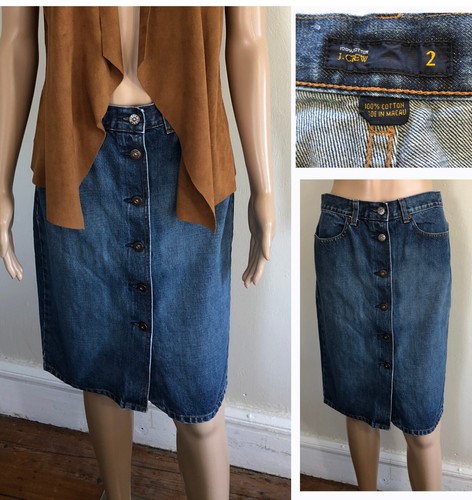 Vintage J. Jeansrock Rundhalsausschnitt Knopfleiste Gr. 2 blau 100 % Baumwolle knielang gerade