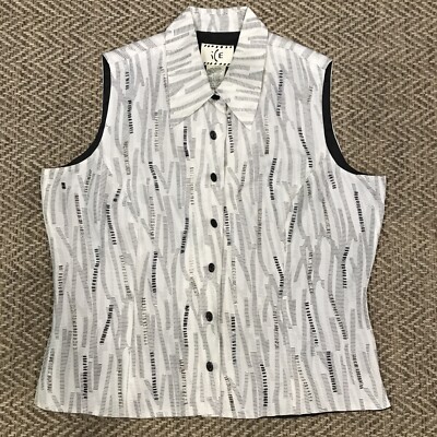 Vtg Ice Womens Top Large Black White 100% Silk Bead Button Up Tree Artsy 15493