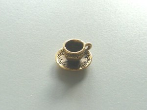 Authentic Gold plated antiqued pewter cup and saucer charm pendant in box