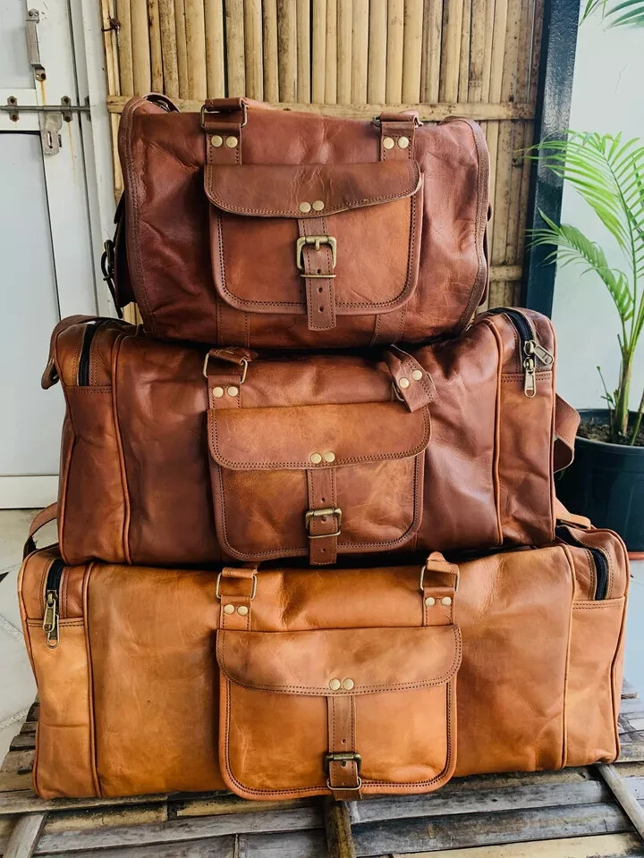 Vintage Brown Genuine Leather Duffel Gym Bag for Men with 2 Free Bags-image