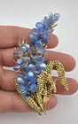 Vintage Miriam Haskell Blue Iridescence Rhinestone Gold Tone Pin Brooch 3 5/8"