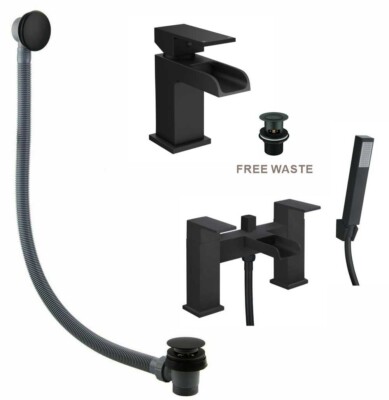 Matt Black Bathroom Tap Set Waterfall Bath Shower Basin Mixer Tap Bath Waste | eBay