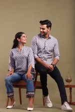 Cute Couple Matching Shirt Dress Set Hawaiian Cruise Valentine Sunset Grey