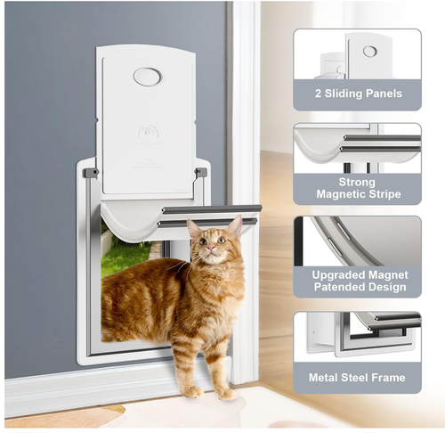 Puerta para mascotas Decormax para pared con marco de acero, solapas magnéticas dobles, pequeña, blanca - Imagen 2 de 5