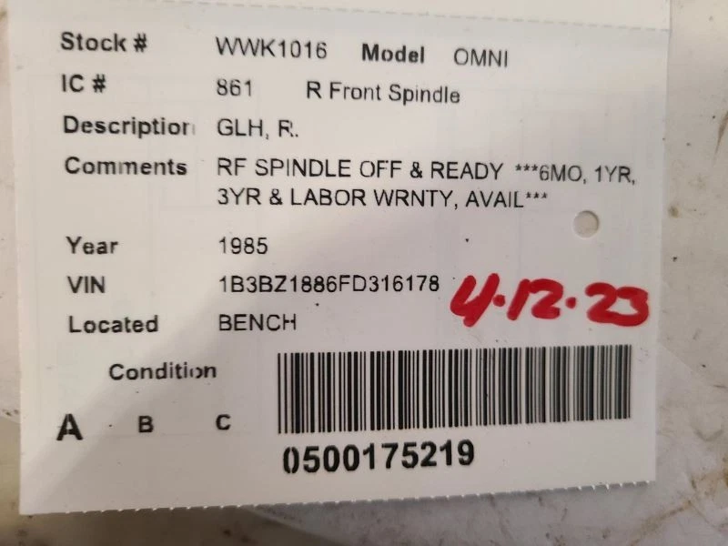 Passenger Right Front Spindle/Knuckle Shelby Fits 85-87 OMNI 1958173 - Image 3 of 3