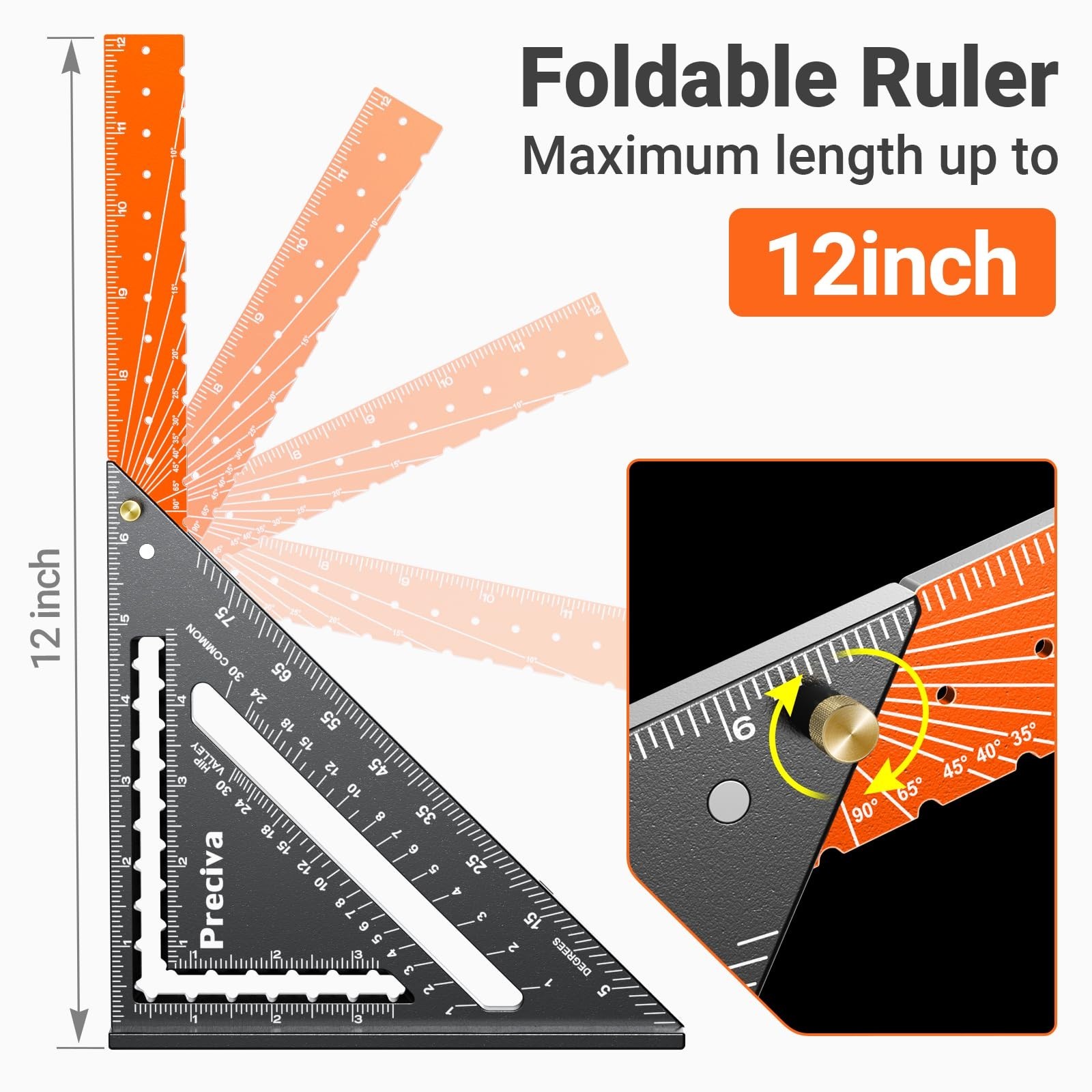 Preciva Foldable Carpenter Square Ruler, 12" (1/16" Scale) Aluminum Alloy Raf...