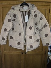 BNWT Nümph Padded Puffer Jacket Hooded Zip Polka Dot Beige/Brown M