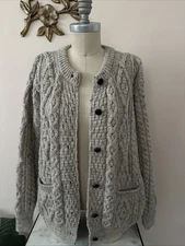 IRELAND ARAN WOOLEN MILLS CABLE KNIT CARDIGAN 100% PURE NEW WOOL SWEATER XL / LG
