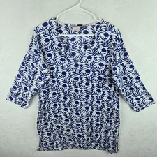 Gretchen Scott Designs Blue & White Floral Artistic Tunic Top W/ Side Slits M