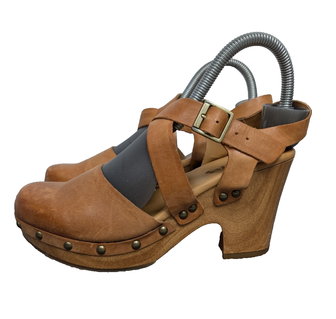 Korks Clogs Womens 7 Wooden Heel Strappy Boho Leather Retro Western Platform 70s
