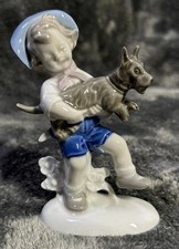 VTG Porcelain Figurine Boy Holding Dog Terrier Puppy Scottie Muted Colors EUC