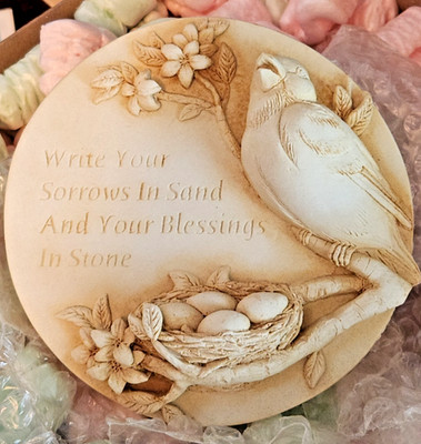Janus Artifacts Carved Bird Nest 4 1/4'' Round Wall Plaque ''Write Your Sorrows..''