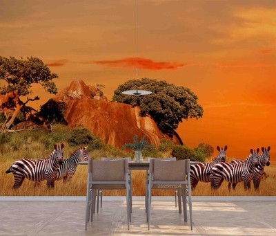 3D Nature Zebra Sunset Self-adhesive Removeable Wallpaper Wall Mural