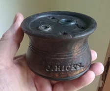 1830s J.HICKS NEW ENGLAND DOUBLE INKWELL 2 OPEN PONTIL BOTTLES ENCASED IN WOOD